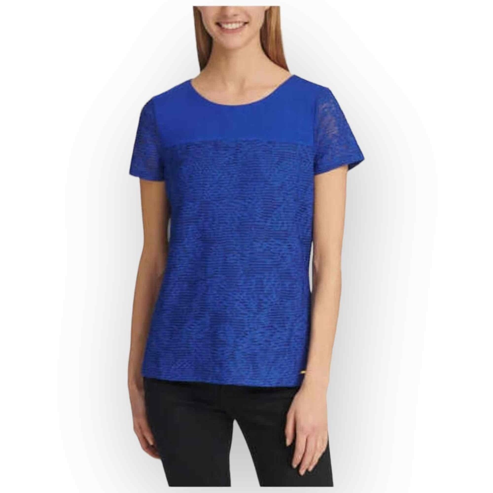 NWT Calvin Klein Short‎ Sleeve Mesh Overlay Double Layer Tee - Atlas Blue 837S